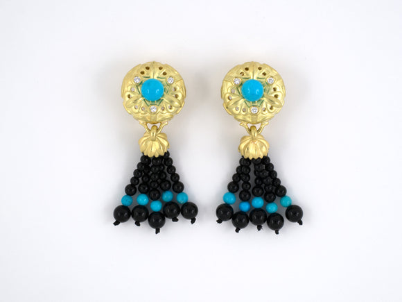 53931 - Elizabeth Rand Gold Diamond Turquoise Onyx Bead Dangle Tassels Earrings