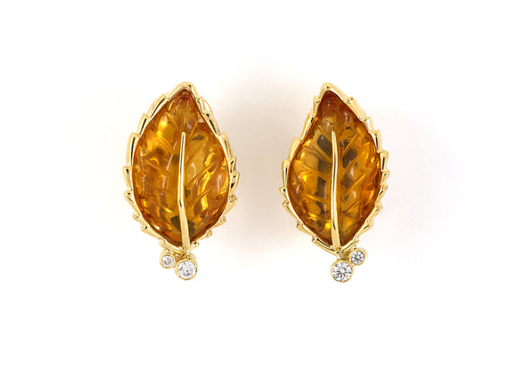 53935 - SOLD - Gold Carved Citrine Diamond Leaf Earrings