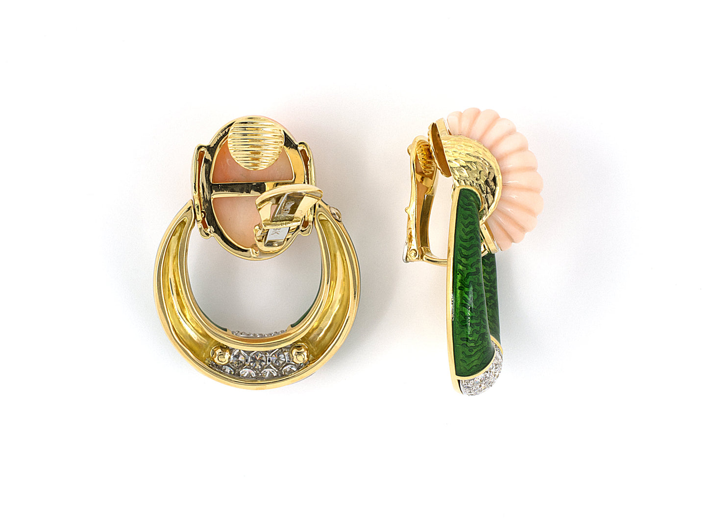 53941 - SOLD - Webb Circa 1970s Platinum Gold Diamond Green Enamel Coral Door Knocker Earrings