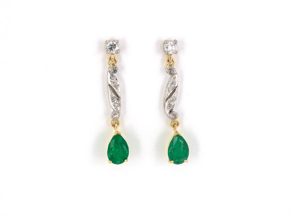 53945 - SOLD - Platinum Gold Diamond Emerald Dangle Drop Earrings