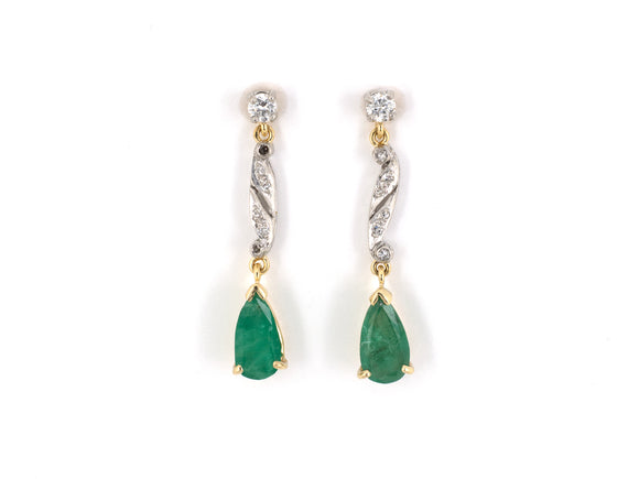 53947 - Platinum Gold Diamond Emerald Dangle Drop Earrings