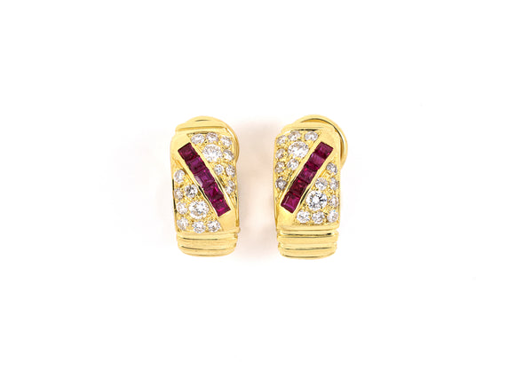 53971 - SOLD - Cartier Gold Ruby Diamond Huggie Style Earrings