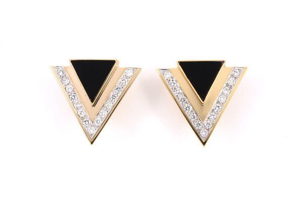 53977 - M & J Savitt Gold Diamond Onyx Triangle Earrings
