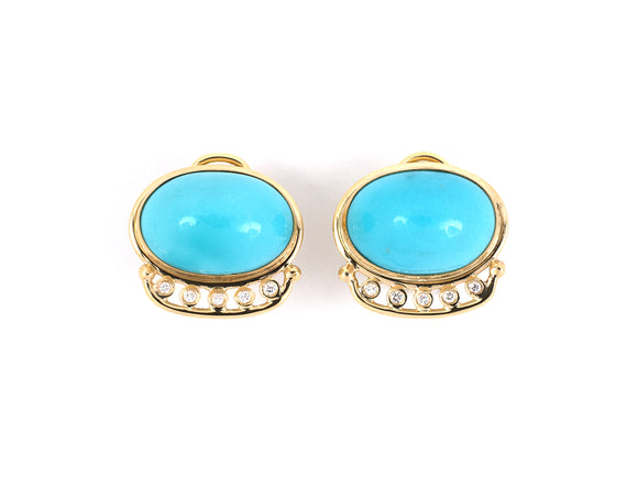 53978 - SOLD - Joan Benjamin Gold Turquoise Diamond Oval Shaped Earrings