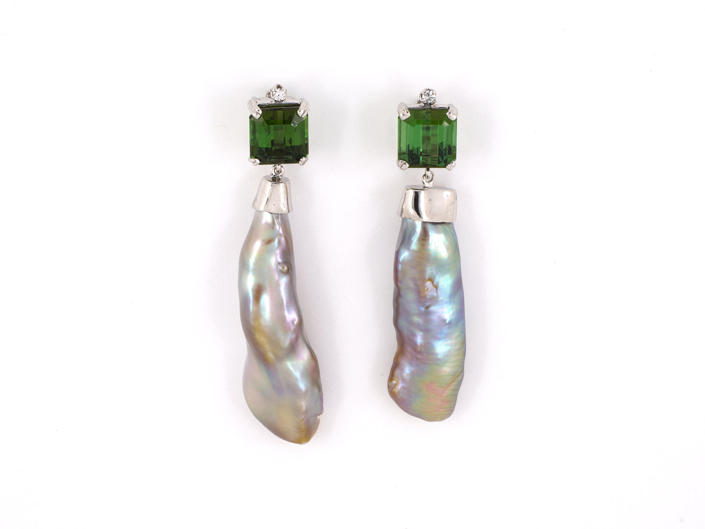 53987 - SOLD - Gold Diamond Green Tourmaline Stick Pearl Dangle Drop Earrings