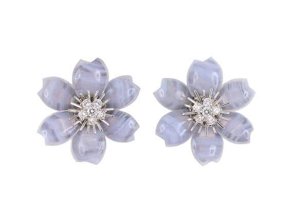 53991 - SOLD - Van Cleef & Arpels Rose De Noel Gold Diamond Chalcedony French Earrings