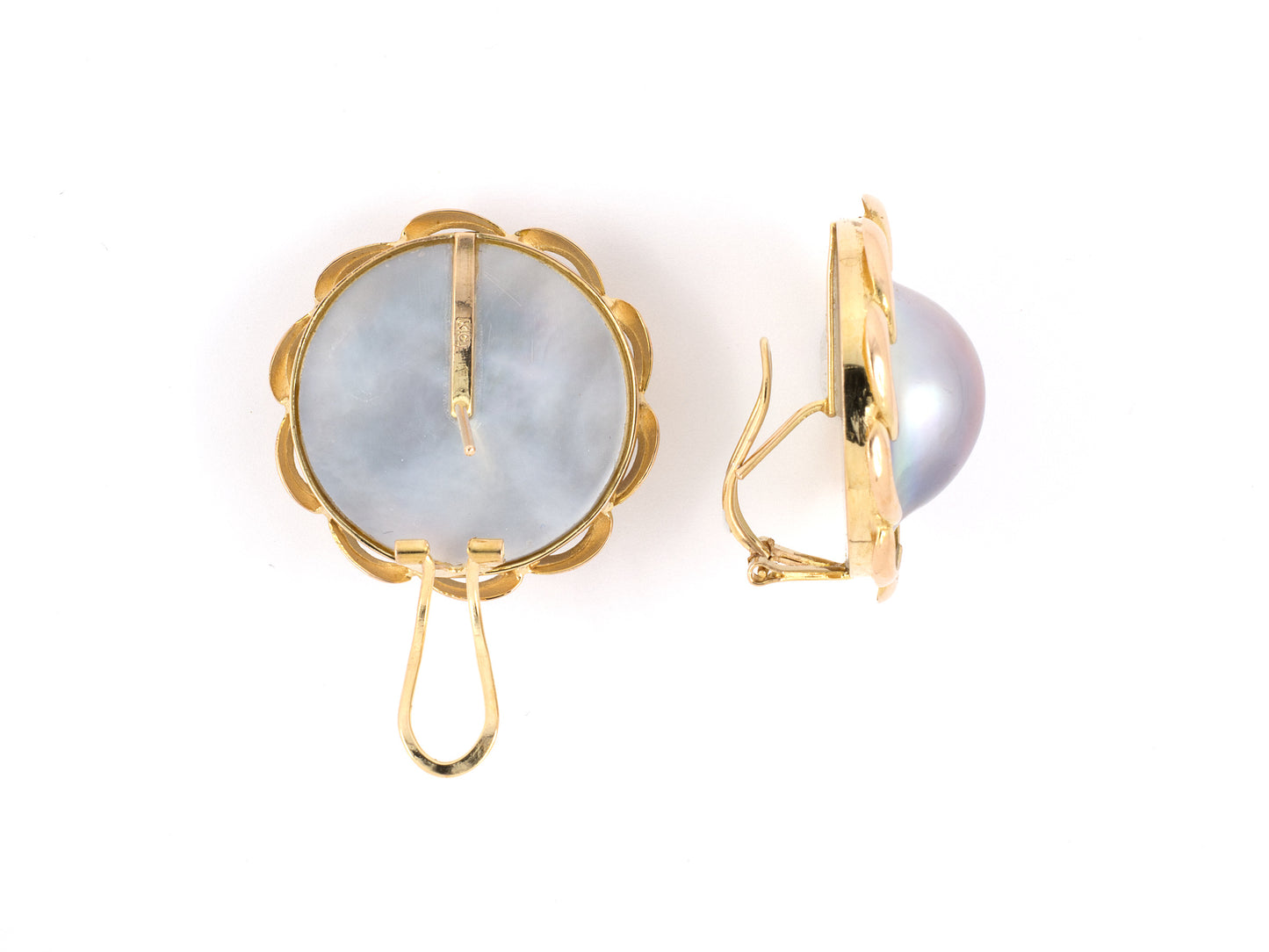 54001 - Gold Blister Pearl Scalloped Wire Edge Earrings