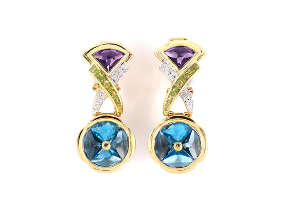54002 - Gold Diamond Blue Topaz Amethyst Drop Earrings