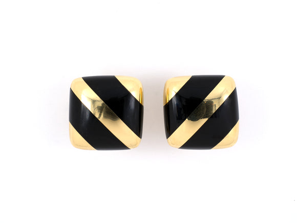 54028 - SOLD - Michael Bondanza Gold Onyx Square Shaped Earrings