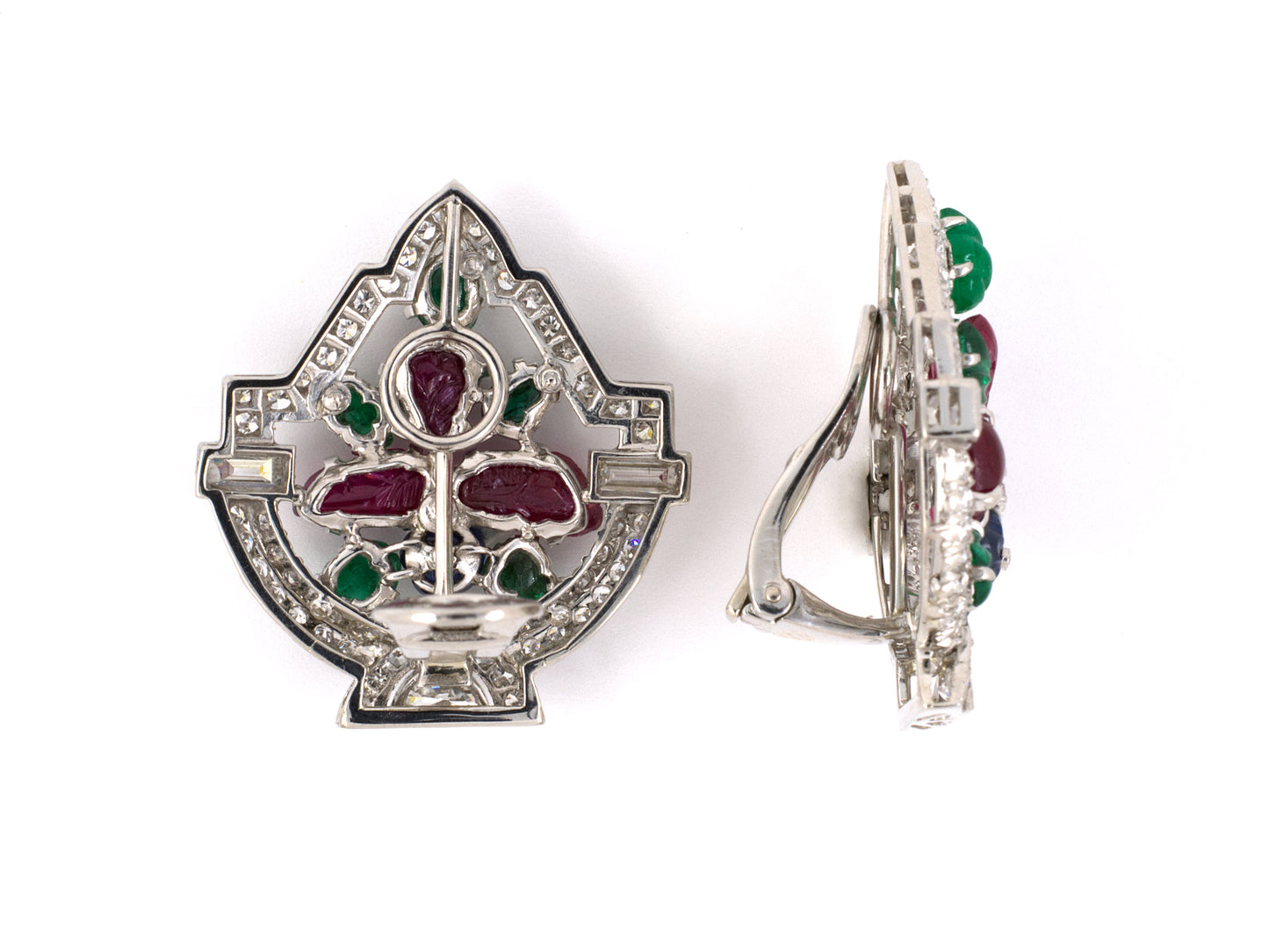54033 - SOLD - Art Deco Platinum Diamond Carved Ruby Emerald Sapphire Tutti Frutti Earrings