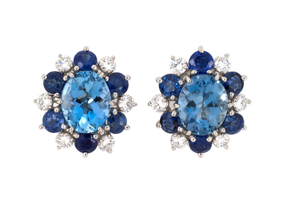 54040 - Platinum Aqua Diamond Sapphire Oval Cluster Earrings