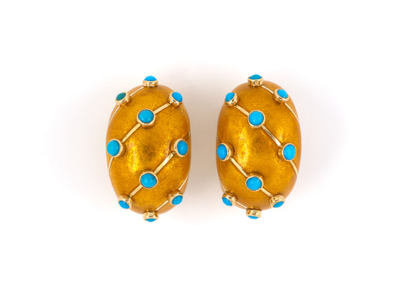 54043 - Circa 1970s Tiffany Schlumberger Banana France Gold Turquoise Golden Enamel Hoop Earrings