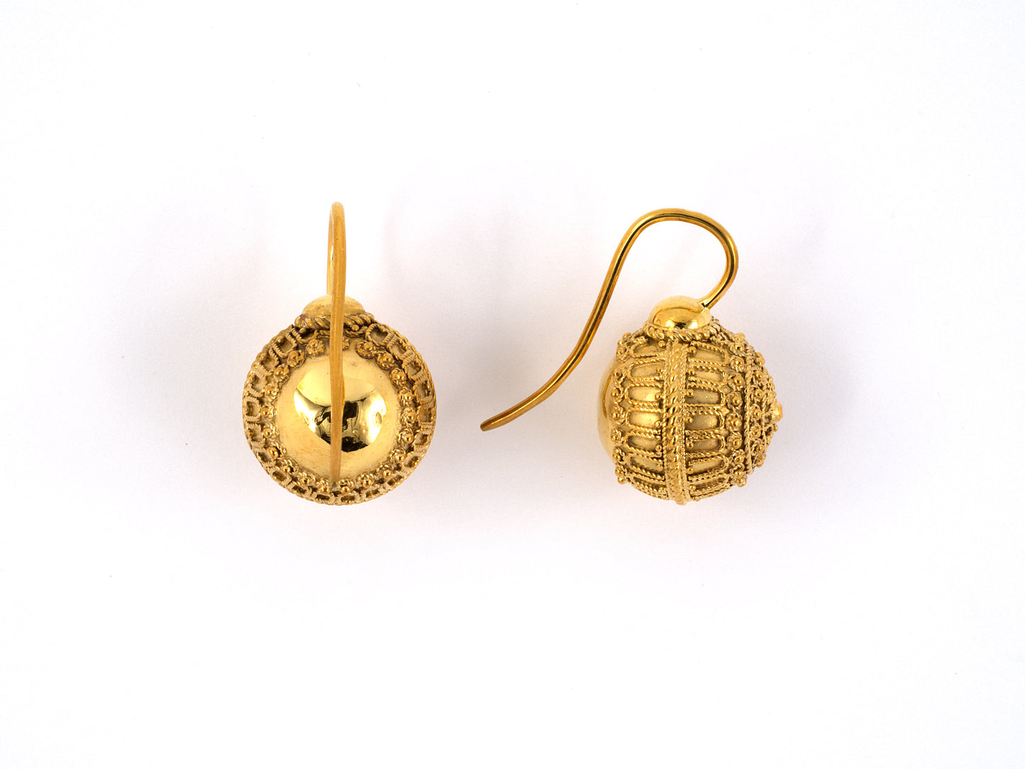 54046 - SOLD - Circa 1870 Victorian Etruscan Revival Gold Beaded Ball Kidney Wire Earrings