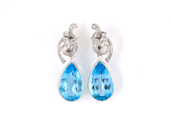54051 - SOLD - Gold Diamond Pear Shape Blue Topaz Earrings