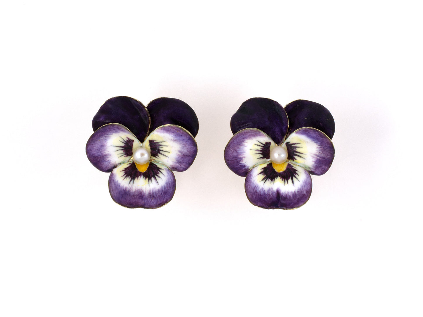 54053 - SOLD - Victorian A. J. Hedges Co Gold Pearl Enamel Pansy Earrings
