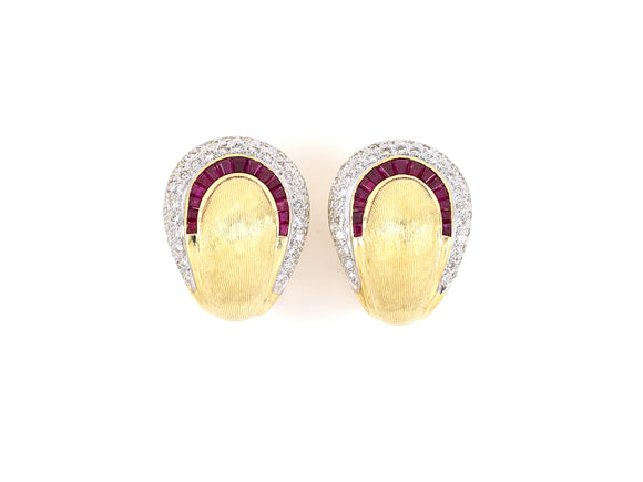 54069 - Gold Ruby Channel Set Diamond Pave Hoop Earrings