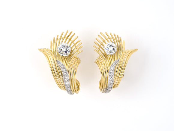 54081 - Gold Platinum GIA Diamond Floral Spray Earrings