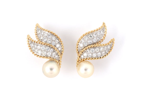 54084 - SOLD - Platinum Gold Pave Diamond 10mm Pearl Rope Border Leaf Earrings