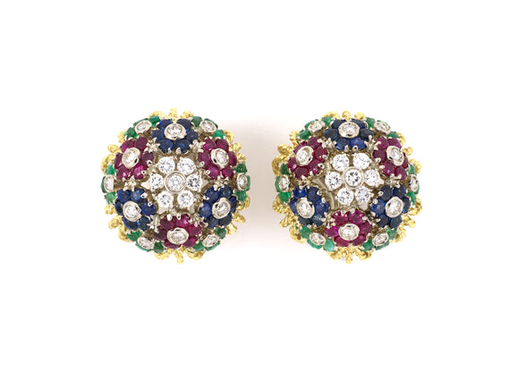 54085 - Italy Gold Diamond Ruby Emerald Domed Cluster Floral Design Earrings