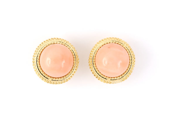 54091 - SOLD - Gold Rope Bezel Cabochon Coral Button Earrings