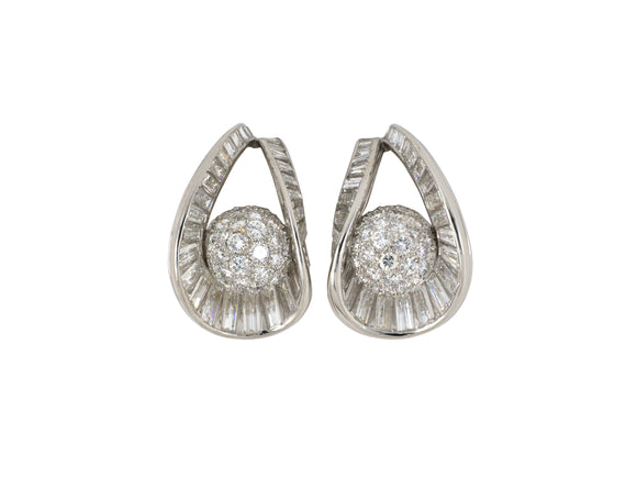 54116 - SOLD - Platinum Diamond Swirl Design Tapered Tear Drop Pave Set Ball Earrings