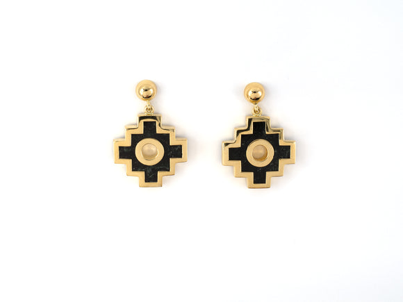54131 - SOLD - Gold Black Nephrite Jade Geometric Design Drop Earrings