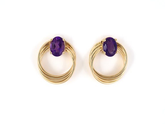 54136 - SOLD - Gold Amethyst Twisted Wire Circle Drop Earrings