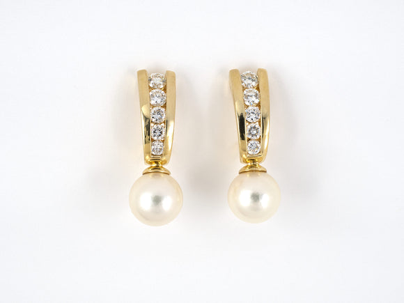 54137 - SOLD - Gold Diamond Pearl Drop Earrings