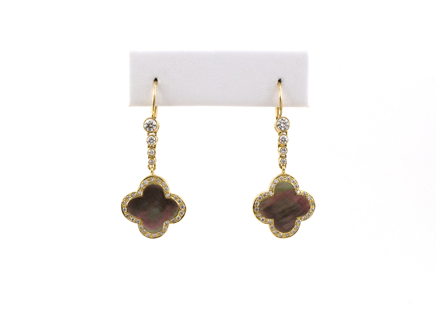 54144 - SOLD - Gold Diamond Black Mother Of Pearl 4 Leaf Clover Design Drop Earrings