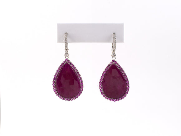 54164 - SOLD - Gold Diamond Pear Shape Ruby Pink Sapphire Cluster Drop Dangle Earrings