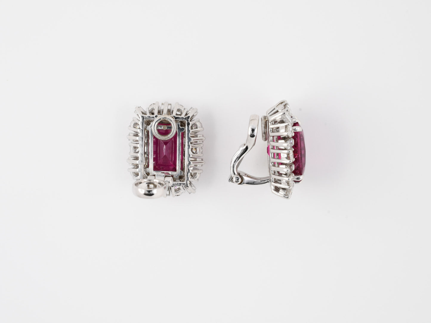 54175 - SOLD - Circa 1950 Gold Platinum Rubellite Diamond Alternating Round And Baguette Cluster Earrings