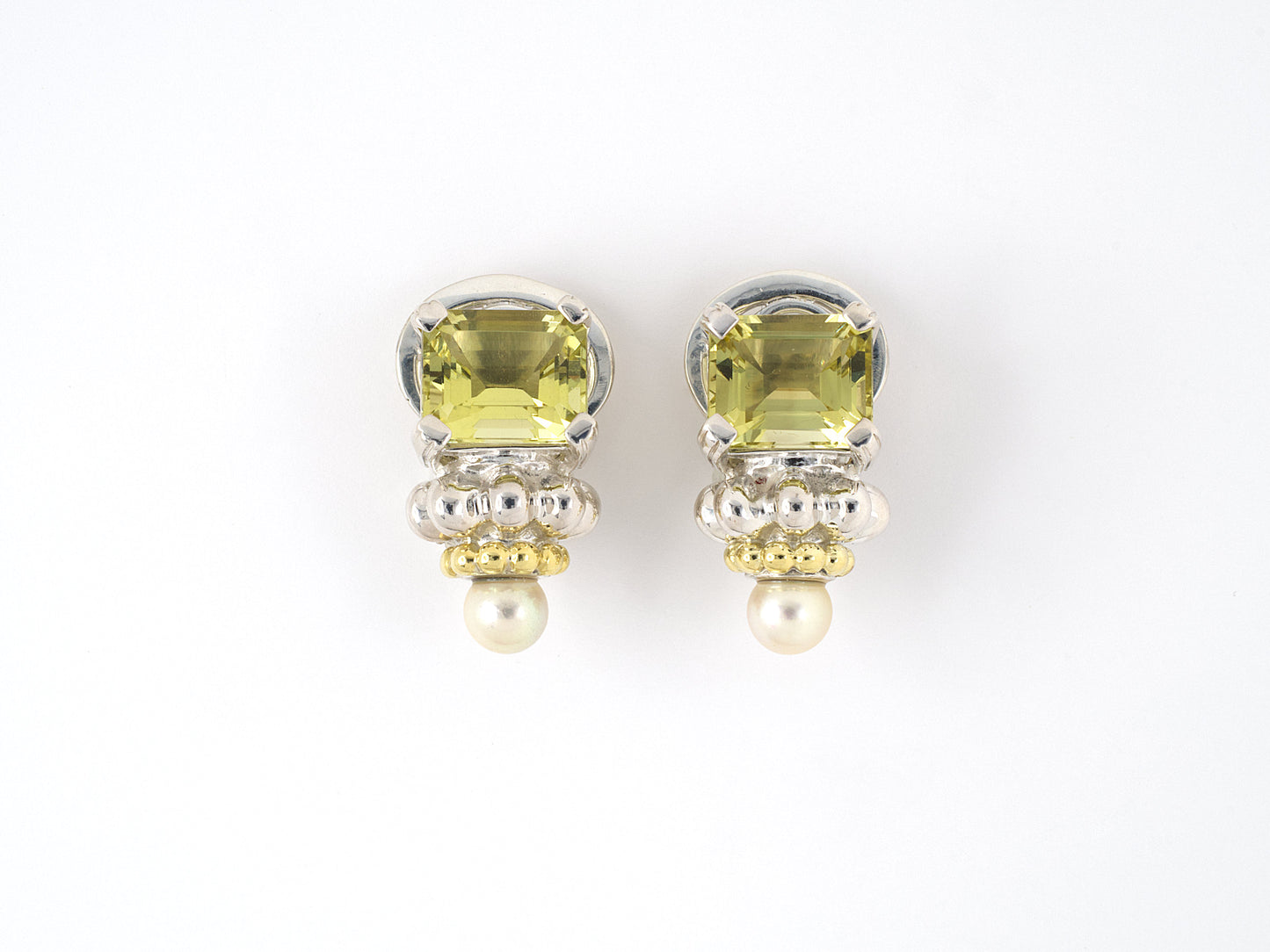 54205 - SOLD - Lagos Caviar Sterling Silver Gold Green Quartz Pearl Earrings