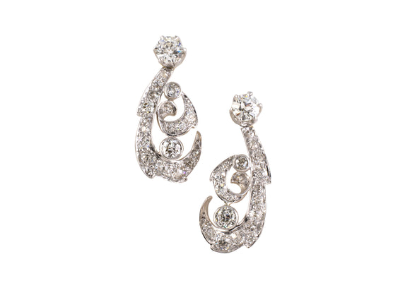 54209 - Edwardian Platinum Gold Diamond Swirl Drop Earrings