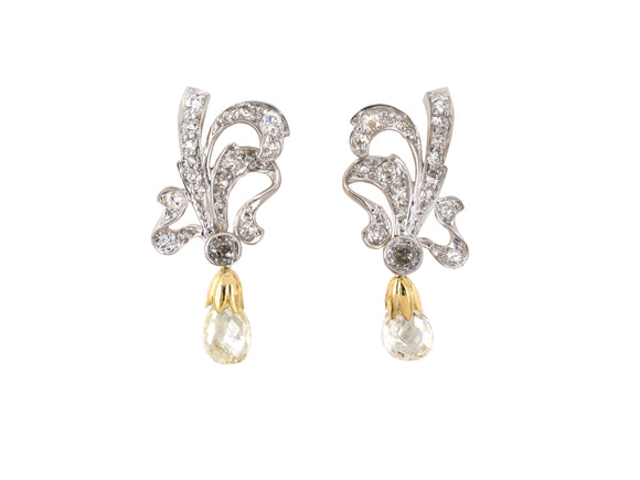 54210 - Edwardian Platinum Gold Diamond Ribbon Briolette Drop Earrings