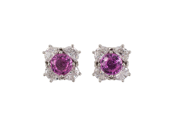 54211 - Platinum Pink Sapphire Diamond Cluster Stud Earrings