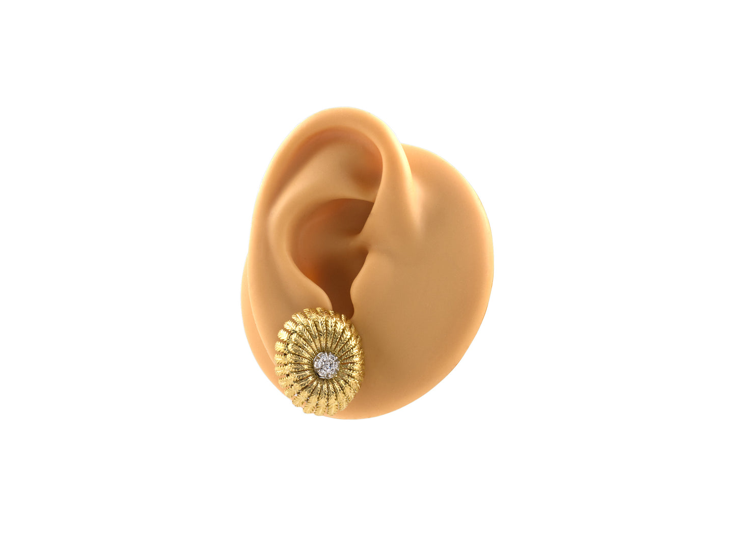 54214 - SOLD - Italy Gold Diamond Carved Leaf Domed Earrings