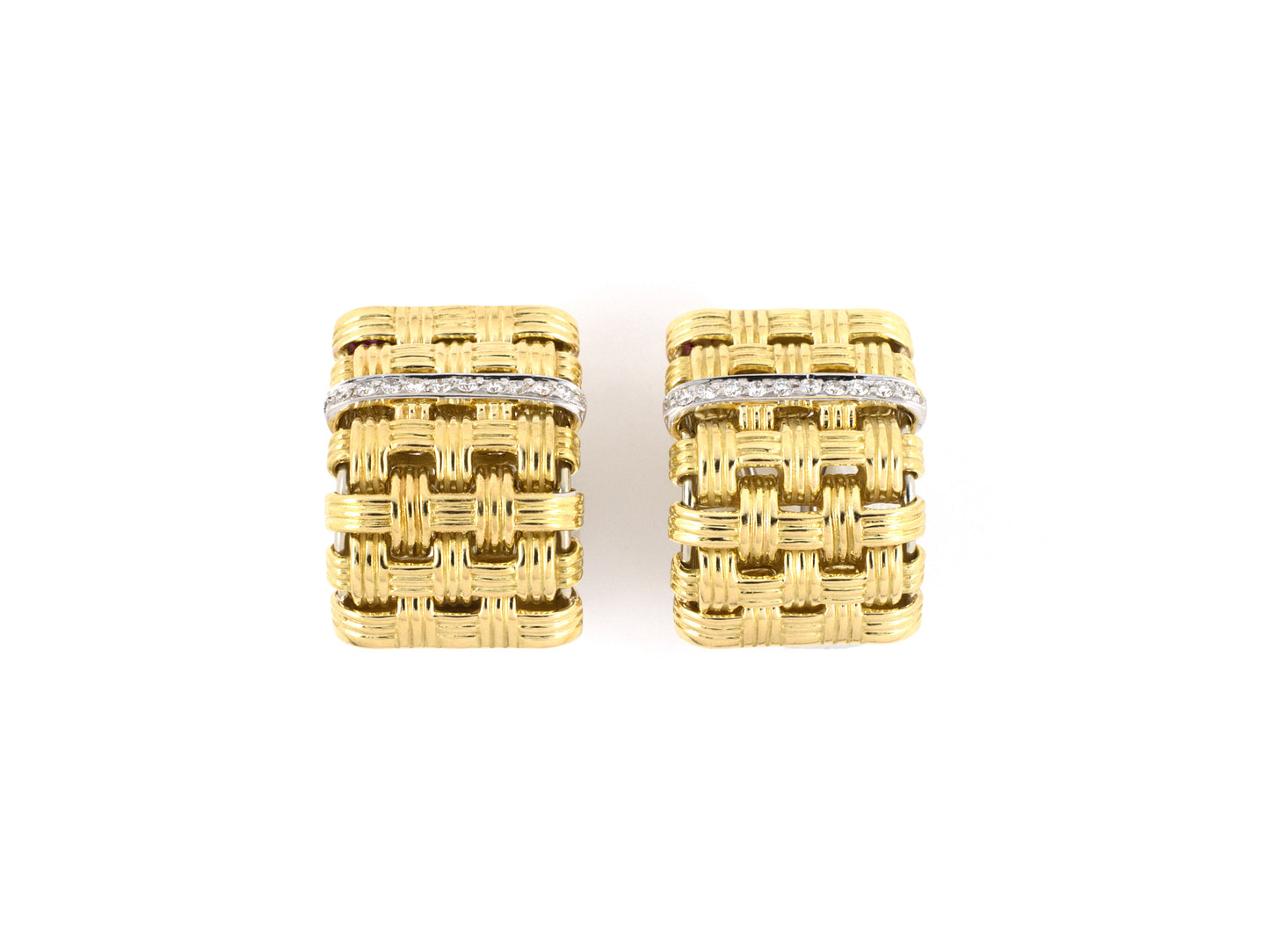 54226 - SOLD - Roberto Coin Appassionata Italy Gold Diamond Weave Hoop Earrings