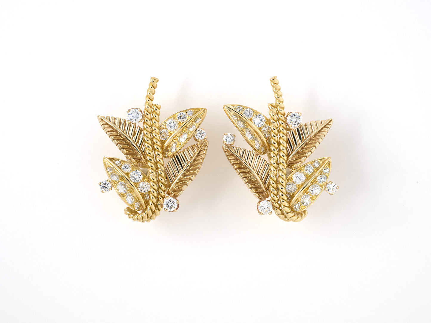54227 - Circa 1970S Gold Diamond Leaf Twisted Rope Earrings
