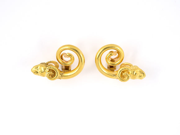 54237 - Lalaounis Greece Gold Carved Rams Head Earrings