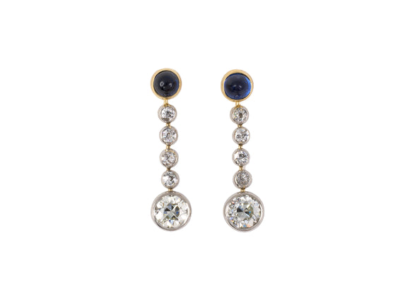 54246 - Edwardian Platinum Gold Sapphire GIA Diamond Drop Dangle Earrings