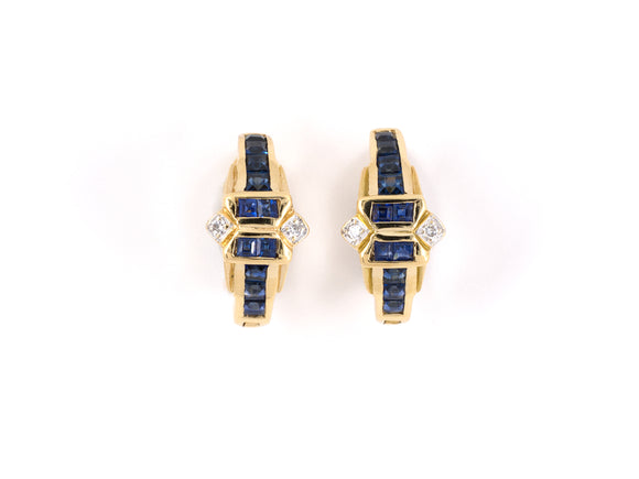 54251 - Gold Sapphire Diamond Channel Set Hoop Style Earrings