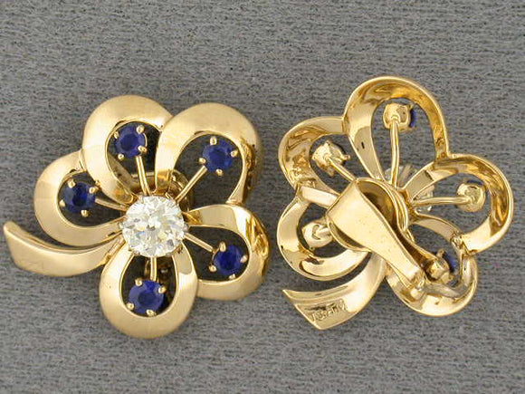 55835 - SOLD - Retro Trabert Hoeffer Mauboussin Platinum Gold Diamond Sapphire Clover Clip Earrings