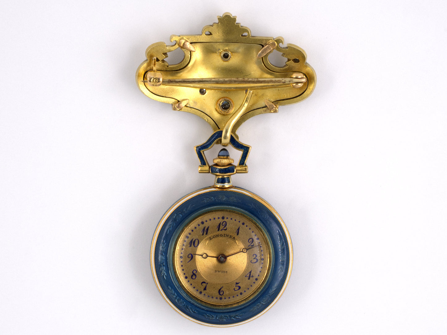 60666 - Platinumn 18k Yg Diamond Rose Diamonds Filigree Ornament Blue/white Enamel Longines Wittnauer Edwardian Pearl Chatelaine Watch Circa