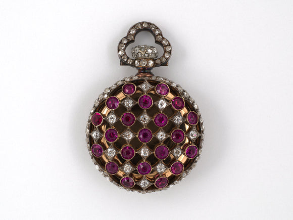 60678 - Victorian Tiffany Gold Silver Diamond Ruby Pendant Watch