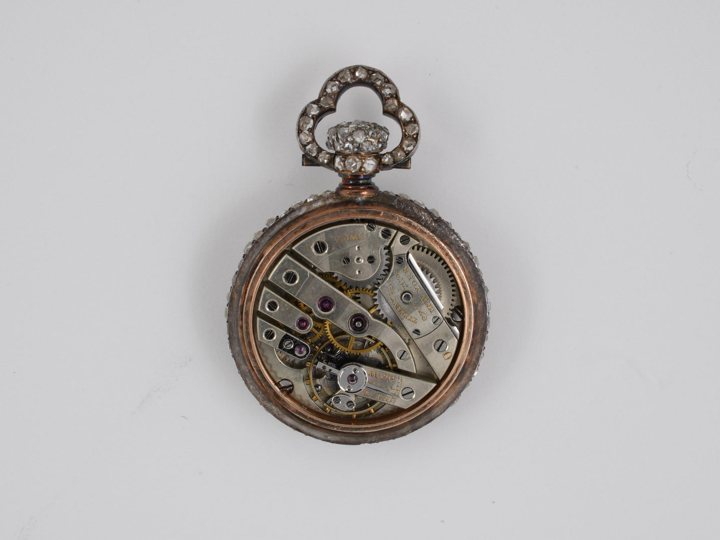 60678 - Victorian Tiffany Gold Silver Diamond Ruby Pendant Watch