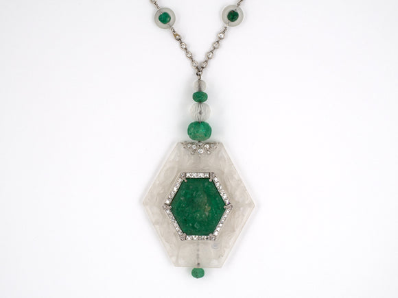 60996 - Art Deco Tiffany Platinum Diamond Emerald Crystal Enamel Pendant Watch Necklace