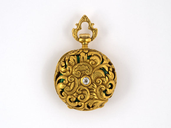 61012 - Art Nouveau Tiffany Gold Diamond Enamel Pendant Watch