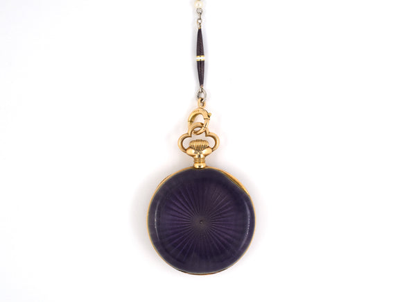 61023 - Art Nouveau Haas Platinum Gold Pearl Purple Enamel Swiss Open Face Pendant Watch Sautoir