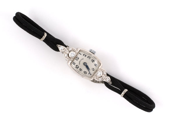 61027 - Circa 1950s Gold Hamilton Diamond Black Cord Watch