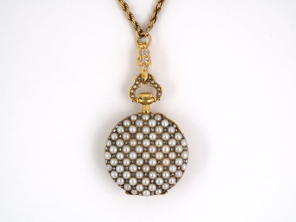 61054 - Victorian Gold1/2 Pearl Diamond Chatelaine Pendant Watch